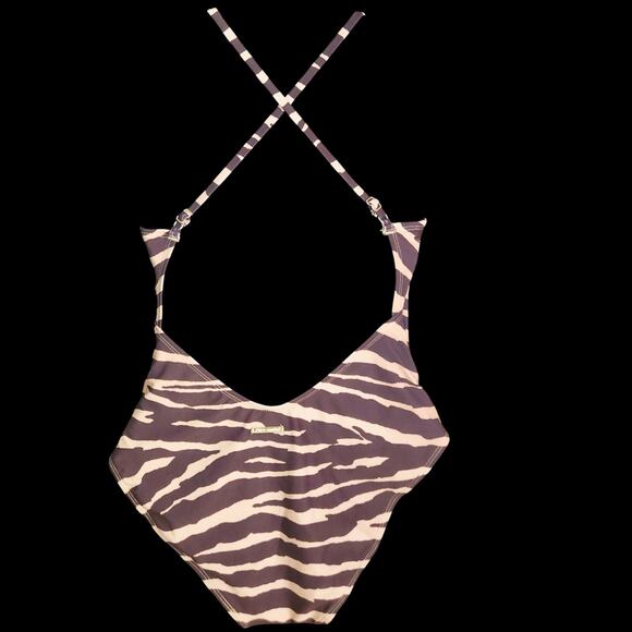 $120 Vince Camuto Brown Tan Zebra Animal Print Plunge One Piece Swimsuit 10 NWOT - Picture 3 of 4